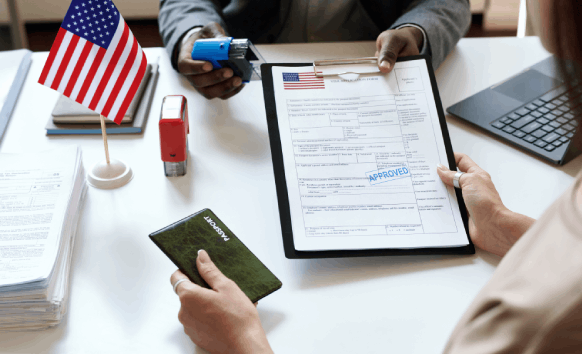 A client receives a sealed USCIS translation packet in an office, reflecting Translation Services in Hialeah for USCIS.